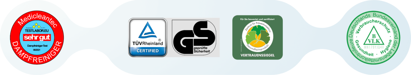 de nombreux certificats pour Thermostar et Medicleantec : Testlabor, TÜV, GS, ZPMed trust seal, Association of Food Inspectors